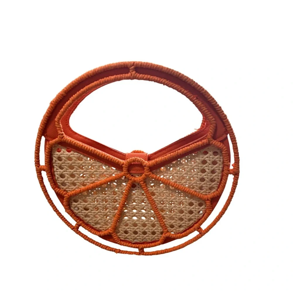 Citrus Orange Slice Woven Cane Raffia Top Handle Bag Small Orange - Picture 1 of 6